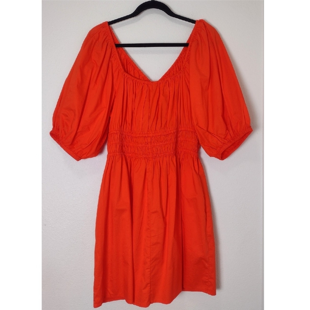 Old Navy Darling Clementine Orange Puff Sleeve Waist Defined Cotton Mini Dress - Picture 3 of 11